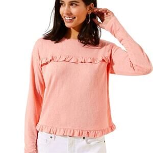 Loft Top Sweater Peach Coral Ruffled Long Sleeve Lightweight Cropped Small NEW